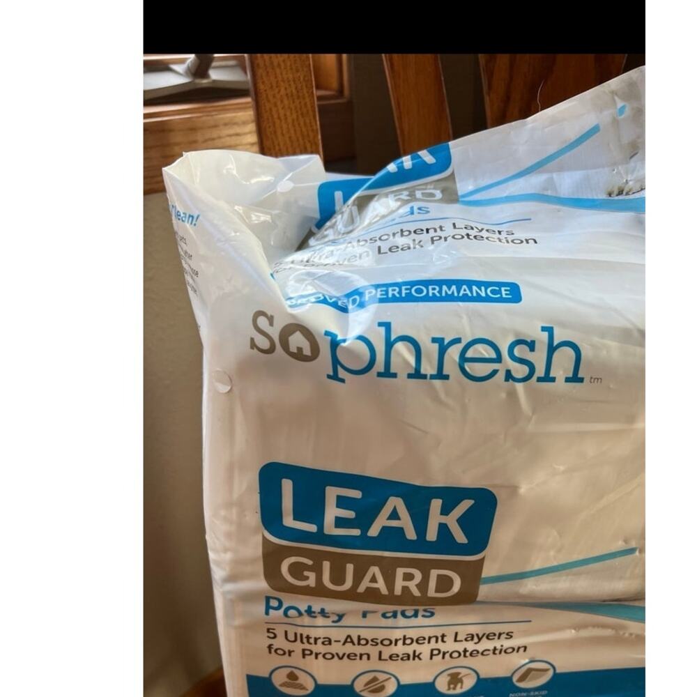 So phresh Potty Pads, holds 3 cups, 5 layer protection, 90+ pads in bag.